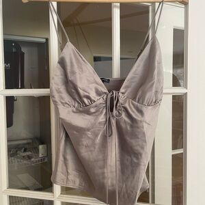 💙 DYNAMITE Satin Spaghetti Strap Top in Taupe